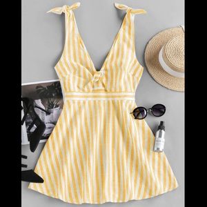 Yellow Striped Twisted Tied Plunging Dress